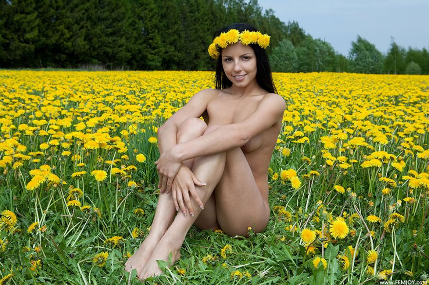 Обнаженная русая порноактрисса среди желтых одуванчиков - секс фото